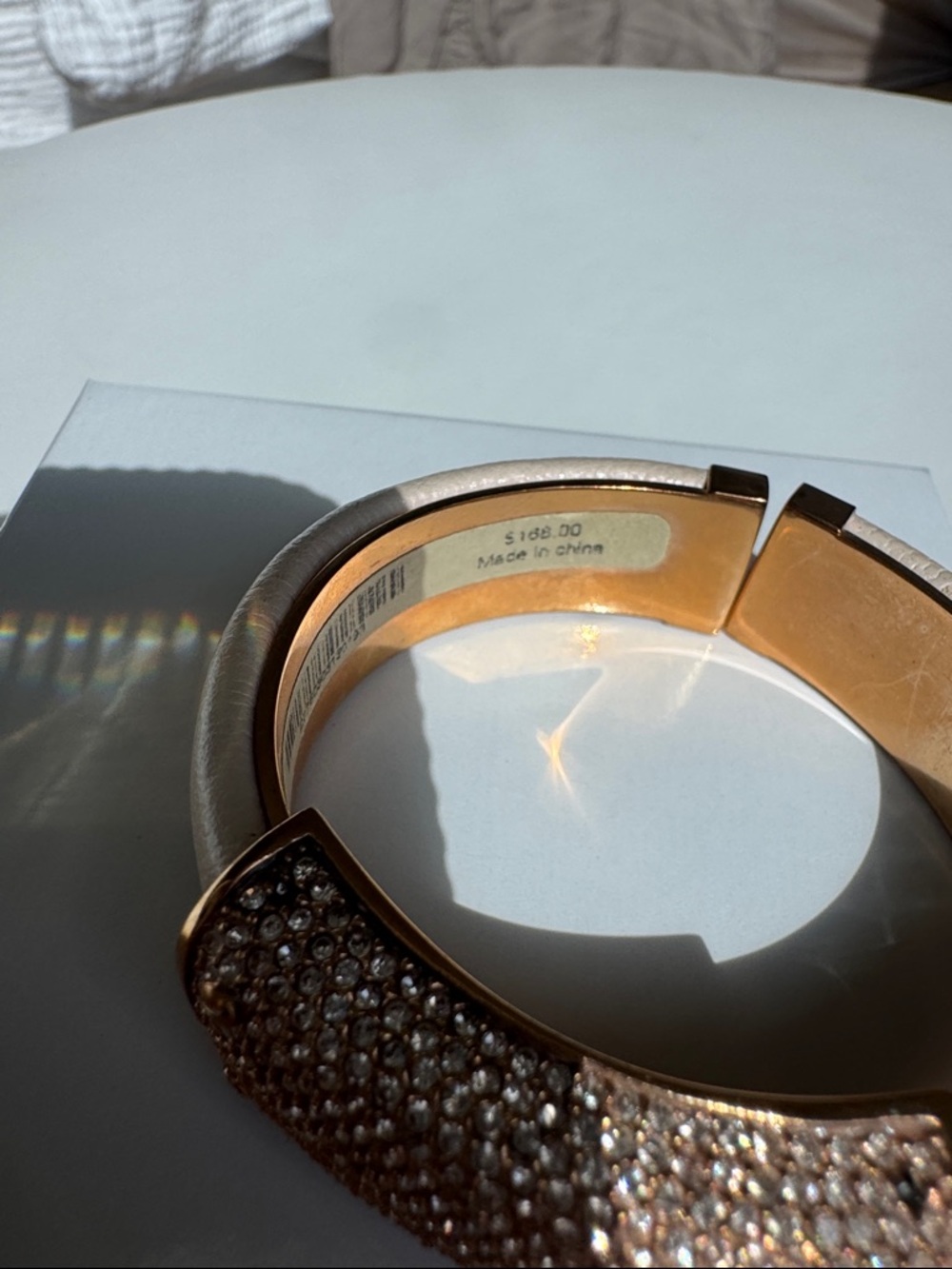 Henri Bendel Crystal Cuff Bracelet Leather Gold Tone Statement Bangle - Picture 4 of 8